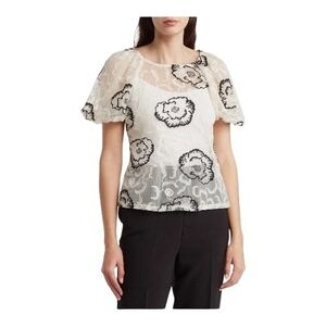 Sheer Floral Lace Puff-Sleeve Top in Ivory with Black Accents